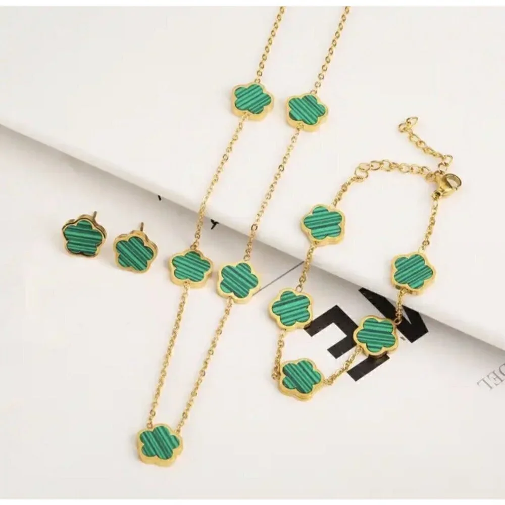 Gold Plated green Clover Earrings Stainless Steel Floral womens jewelry